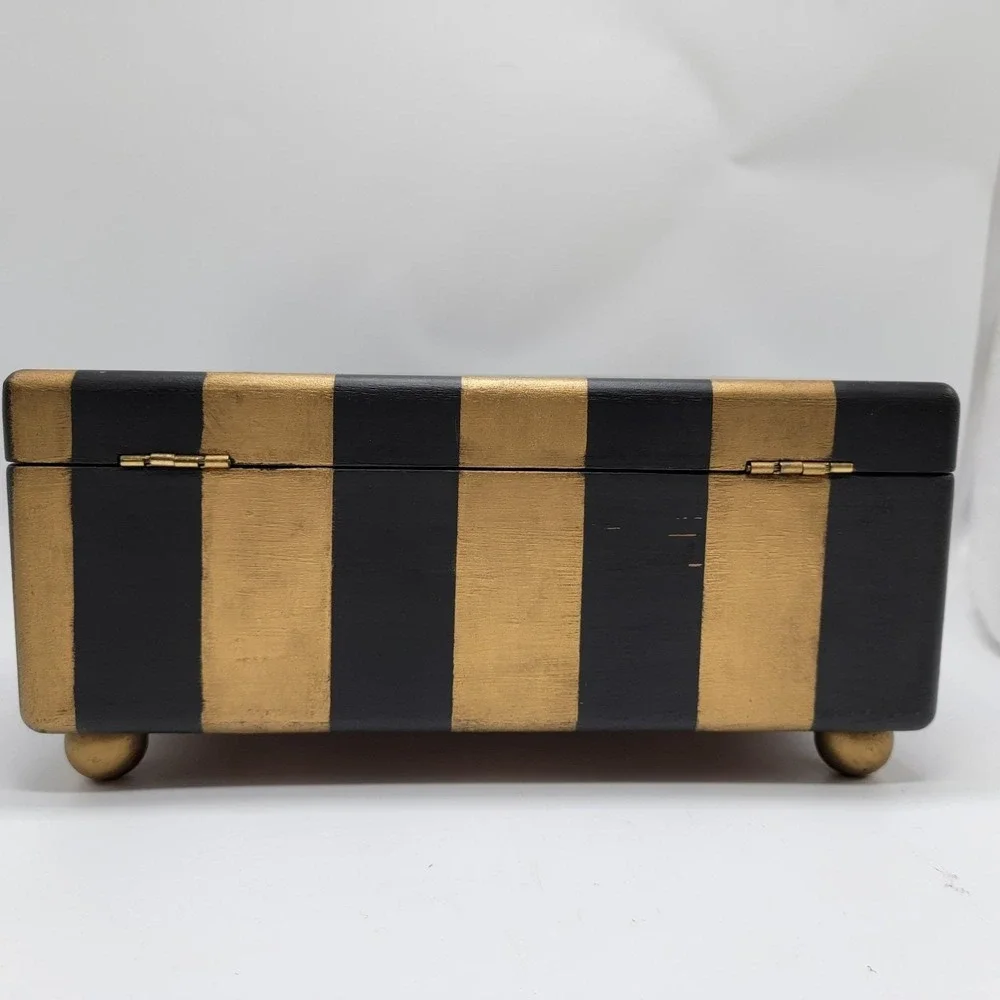 Vtg Wooden Jewelry Box Custom Hand Painted Black Gold Dragonfly Peacock